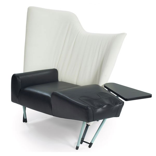 Paolo Deganello "Torso" chaise, by Cassina: Paolo Deganello "Torso" chaise, by Cassina, original black leather seat cushion, white canvas backrest, light blue and gray legs, black caps to feet, attached table with original black finish, signed