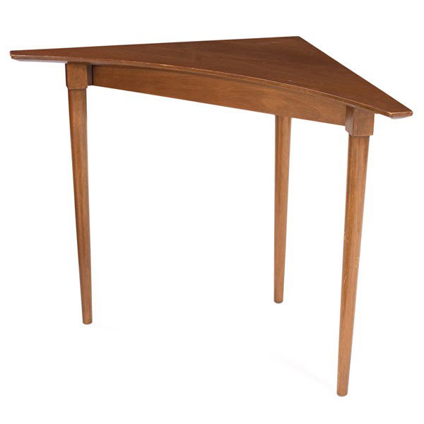 Edward Wormley corner table, by Dunbar: Edward Wormley corner table, by Dunbar, mahogany, triangular top over three legs, signed with rectangular brass tag, original finish, very good original condition