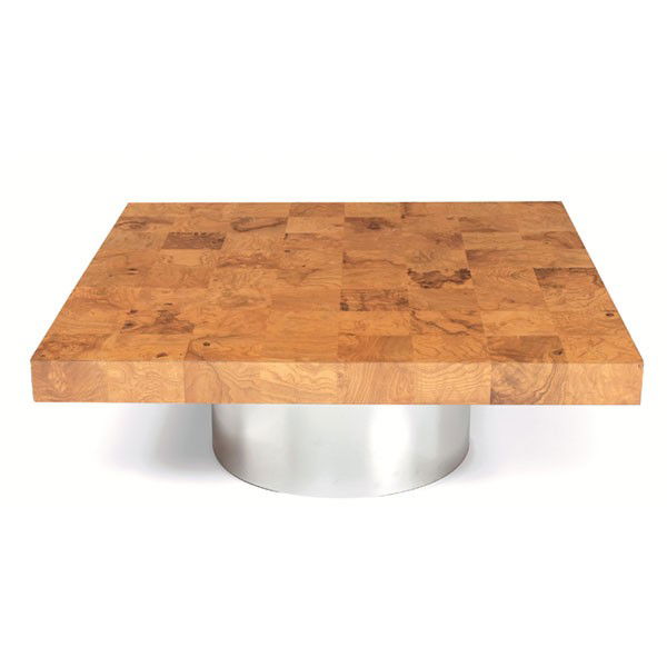 Milo Baughman coffee table, by Thayer Coggin: Milo Baughman coffee table, by Thayer Coggin, square top of patchwork burl wood over a round chromed metal base, original finish, 40"w x 40"d x 15"h, small chip to corner, otherwise in very good origi