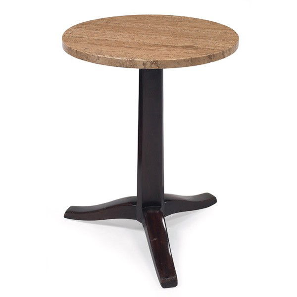 Edward Wormley occasional table, by Dunbar: Edward Wormley occasional table, by Dunbar, round travertine top over a mahogany base, signed with brass D tag, original finish, 16.25"dia. x 21.25"h, very good original condition