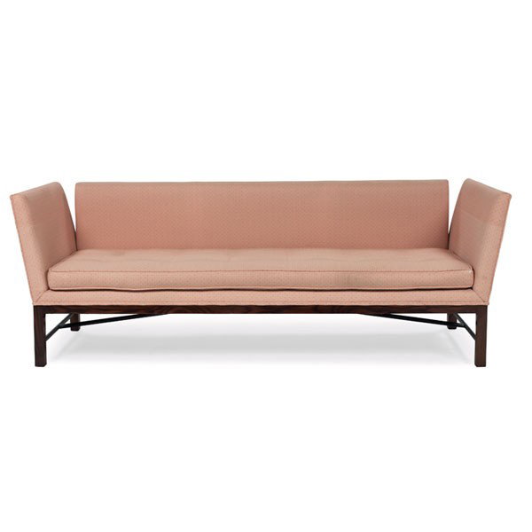 Edward Wormley sofa, by Dunba: Edward Wormley sofa, by Dunbar, even-arm form with split angled armrests, ash frame with cross-stretchers, back cushions not shown, 78.5"w x 28"d x 28"h, very good condition