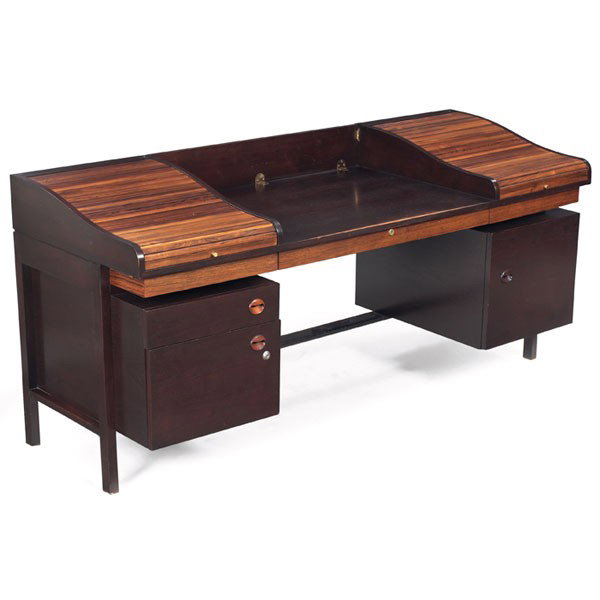 Edward Wormley desk, by Dunbar: Edward Wormley desk, by Dunbar, c. 1957, mahogany, two rosewood roll-tops conceal shallow drawers, hinged gallery panel, two drawer banks with one door and two drawers, shallow drawer under top, origi