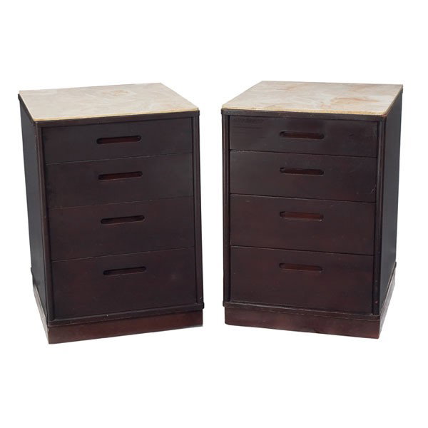 Edward Wormley nightstands, pair, by Dunbar: Edward Wormley nightstands, pair, by Dunbar, mahogany, 1940s, each with four drawers with cutout pulls, platform bases with original leather covering, original finish, synthetic marble has been affixe