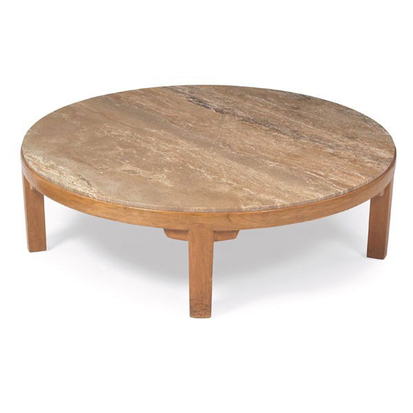 Edward Wormley coffee table, by Dunbar: Edward Wormley coffee table, by Dunbar, c.1957, travertine marble top over a bleached mahogany base with five legs, model 5219, original finish, signed with green metal Dunbar tag, 48"dia. x 14"h, ver