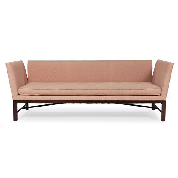 Edward Wormley sofa, by Dunbar: Edward Wormley sofa, by Dunbar, even-arm form with split angled armrests, ash frame with cross-stretchers, back cushions not shown, 78.5"w x 28"d x 28"h, very good condition