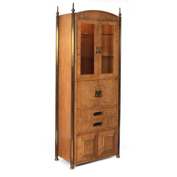 Mastercraft lighted cabinet, USA: Mastercraft lighted cabinet, USA, burled wood case, brass trim and supports, lighted upper cabinet with glass doors above two doors and two drawers, bottom drawers with inset brass trim, original fini