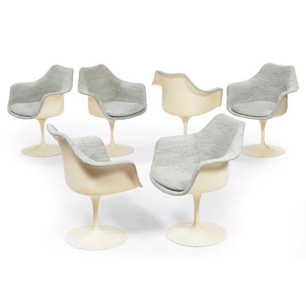 Eero Saarinen Tulip dining chairs, by Knoll: Eero Saarinen Tulip dining chairs, by Knoll, six, armchairs with swivel seats, original Cato wool seat pads, several with Knoll International paper labels, dated 1974, 26"w x 24.5"d x 32"h, some wear