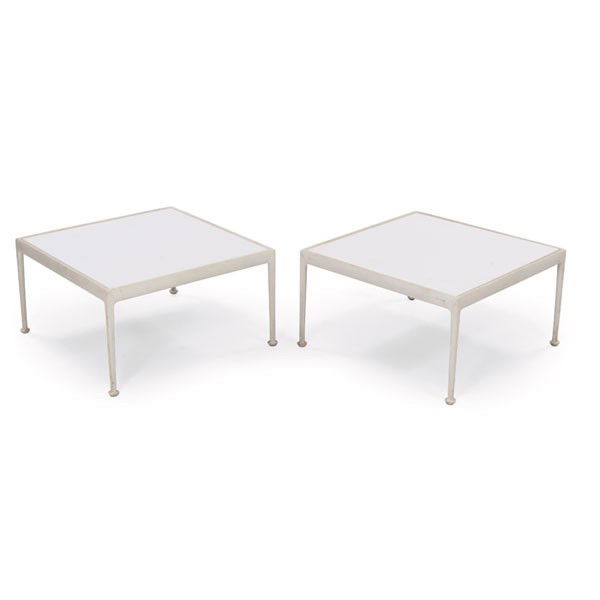 Richard Schultz outdoor occasional tables, pair,: Richard Schultz outdoor occasional tables, pair, by Knoll, white coated aluminum frames support white enameled steel tops, Knoll International label to each, dated 1982, 28"w x 28"d x 15.5"h, very goo