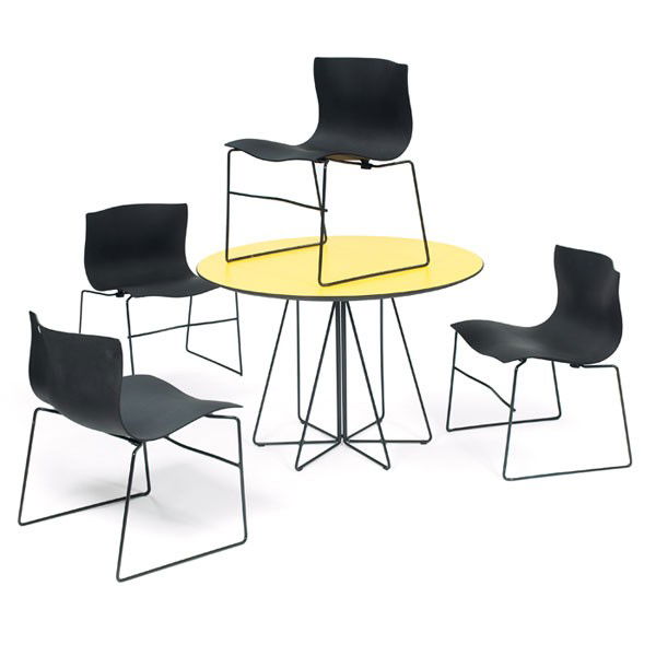 Massimo Vignelli PaperClip table and Handkerchief: Massimo Vignelli PaperClip table and Handkerchief chairs, four, by Knoll, table with yellow laminate top and black rod base, chairs with black fiberglass-reinforced plastic seats and black rod legs, c