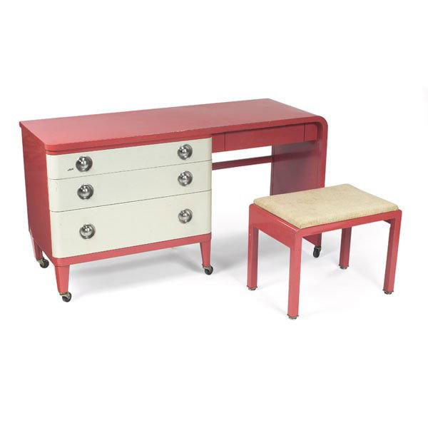 Norman Bel Geddes vanity and bench, by Simmons: Norman Bel Geddes vanity and bench, by Simmons, lacquered metal construction, three white drawers with the original polished metal knobs, small drawer under top, matching bench with upholstered seat, 