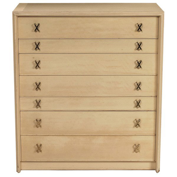 Paul Frankl dresser, by Johnson Furniture Co.: Paul Frankl dresser, by Johnson Furniture Co., seven drawers, all with original hammered brass pulls, original cream lacquer finish, signed with branded mark, original finish, 40"w x 21"d x 45"h, some
