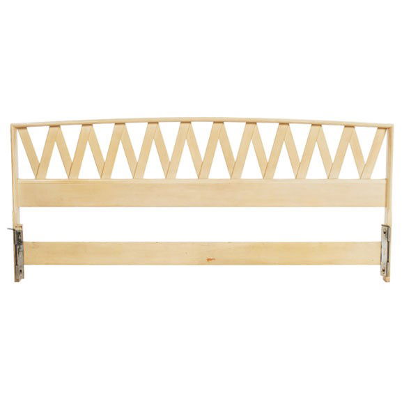 Paul Frankl headboard, by Johnson Furniture Co.: Paul Frankl headboard, by Johnson Furniture Co., king-size, wood lattice-work with slight curve to top, original cream lacquer finish, 80"w x 34"h, optional metal twin bed frames included, very good o