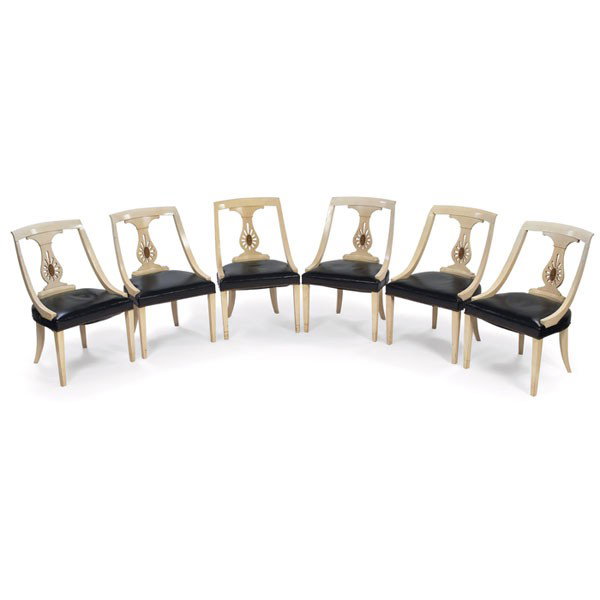 Paul Frankl chairs, attribution, by Johnson Furni: Paul Frankl chairs, attribution, by Johnson Furniture, USA, neoclassical form with gold-leaf medallion to center of backrest, original black leather upholstery, original finish, 21.5"w x 24"d x 33.5"h