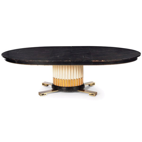 Paul Frankl dining table, attribution, by Johnson: Paul Frankl dining table, attribution, by Johnson Furniture, neoclassical fluted pedestal supported by solid brass legs, oval top with original faux-painted finish, two 14" leaves with matching finish