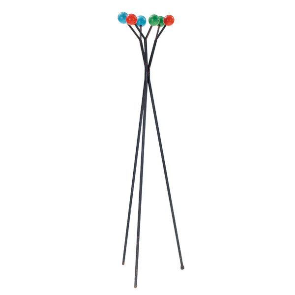 French mid-century coat rack: French mid-century coat rack, wrought iron with painted wood balls in red, blue and green, original finish, 18.5"dia. x 69"h, good original condition