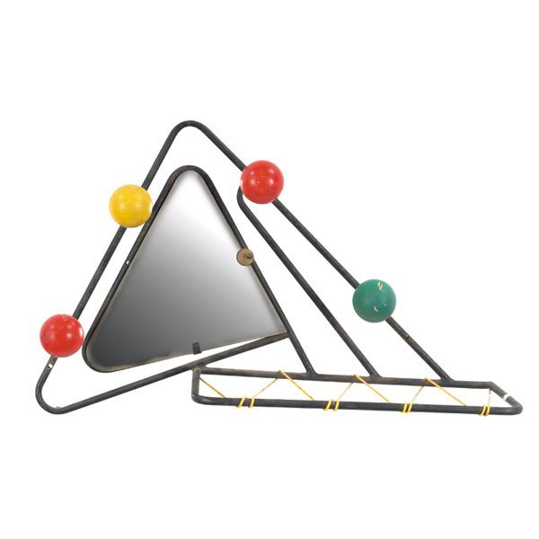 French mid-century hall mirror/coat rack: French mid-century hall mirror/coat rack, hat rack with yellow coated wire, mirror glass, painted wood balls in red, yellow and green, original finish, 25"w x 8"d x 15.5"h, good original condition