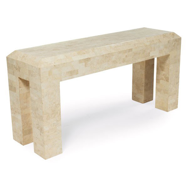 Karl Springer console table: Karl Springer console table, fossil stone, rectangular form with four blocky legs, unsigned, 60"w x 18"d x 30"h, excellent condition
