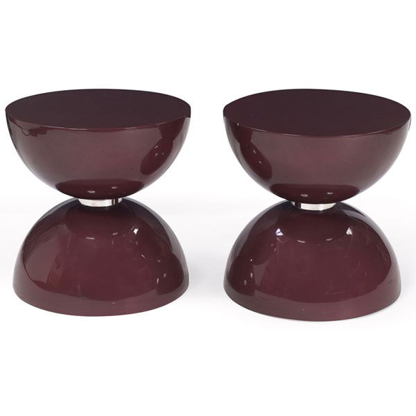 Stanley Jay Friedman "Clone" occasional tables, p: Stanley Jay Friedman "Clone" occasional tables, pair, by Brueton, metallic brown finish, metal band to center, original finish, 20"dia. x 21"h, very good original finish