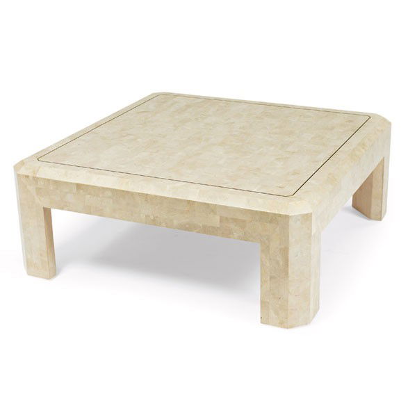 Karl Springer style fossil stone coffee table, po: Karl Springer style fossil stone coffee table, possibly by Maitland Smith, square top with inlaid brass detail, original finish, unsigned, 40"sq x 15"h, excellent original condition