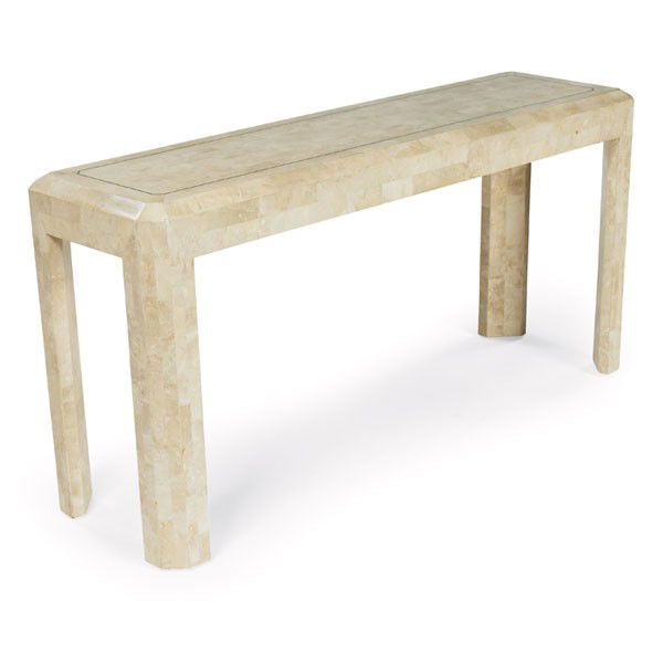 Karl Springer style fossil stone console table, p: Karl Springer style fossil stone console table, possibly by Maitland Smith, rectangular top with inlaid brass detail, original finish, unsigned, 56.25"w x 16"d x 28"h, excellent original condition