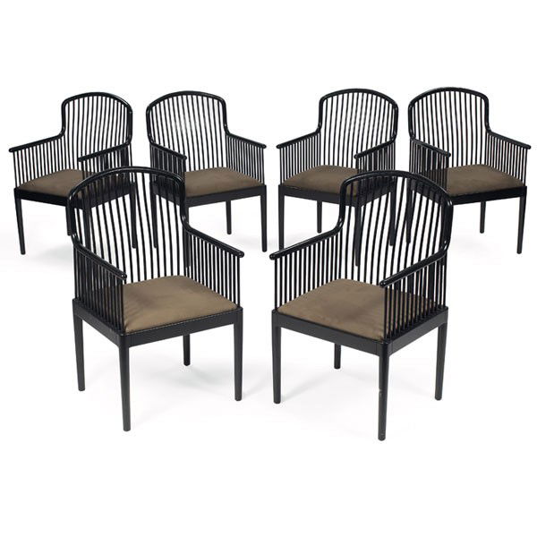 Davis Allen 'Andover' armchairs, six, by Stending: Davis Allen 'Andover' armchairs, six, by Stending, black lacquered beech frames with olive green upholstered seats, original finish, marked with Stendig fabric lining under seats, 22"w x 22"d x 37"h,