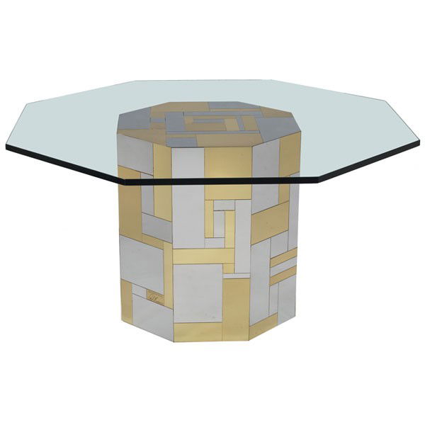 Paul Evans Cityscape dining or game table, by Dir: Paul Evans Cityscape dining or game table, by Directional, octagonal form with brass and chrome patchwork, orignal octagonal thick glass top, can be used without glass as an end table or pedestal, sig