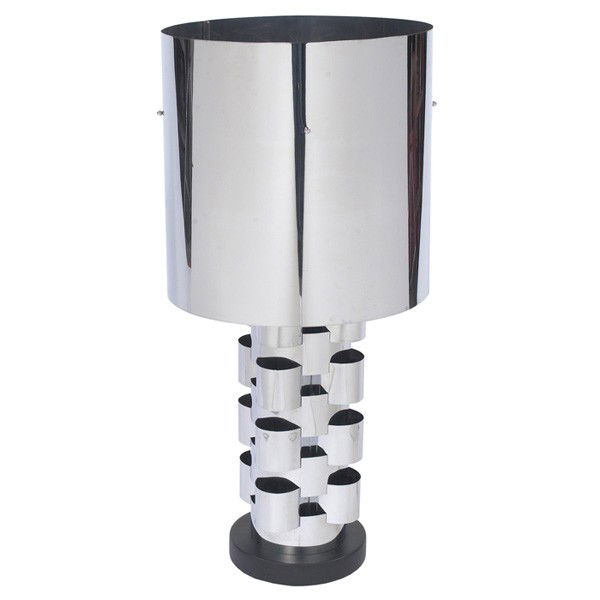 C. Jere table lamp, by Artisan House: Large C. Jere table lamp, by Artisan House, architectural chromed steel form over a wood base with a large matching chromed steel drum shade, signed with metal tag, 18"dia. x 39"h, very good original