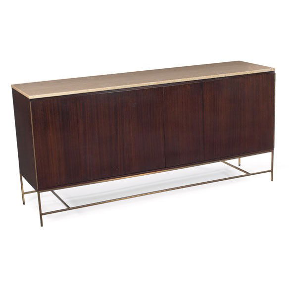 Paul McCobb Irwin Collection cabinet, by Calvin: Paul McCobb Irwin Collection cabinet, by Calvin, teak case with two bi-folding doors, original travertine top, brass frame, interior contains 13 drawers, original finish, signed with brass tag and sta