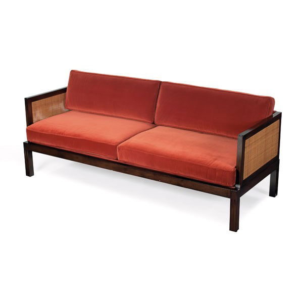 Baker sofa, attribution: Baker sofa, attribution, walnut frame with dark stain, subtle carved grooves to front legs, original caned panels to sides, removable seat cushions, unsigned, original finish, 77"w x 29"d x 31.5"h, ve