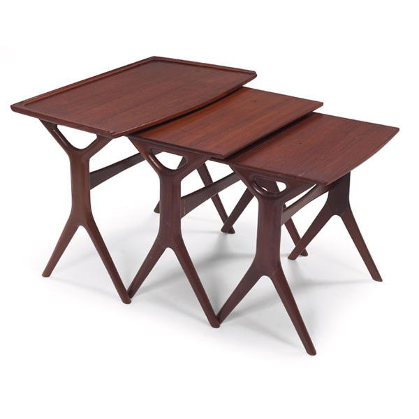 Johannes Andersen nesting table, 3, CFC Silkeborg: Johannes Andersen nesting tables, three, by CFC Silkeborg, Denmark, 1960s, teak, refinished, largest: 27.5"w x 15.75"d x 21"h, some wear, crack to one top, fair condition