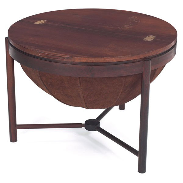 Rolf Rastad & Adolf Relling sewing table, by Rasm: Rolf Rastad & Adolf Relling sewing table, by Rasmus Solberg, c. 1965, teak and leather with brass hinges, hinged top reveals swiveling shelf with compartments, signed "Prize 1 Norwegian Design Competi