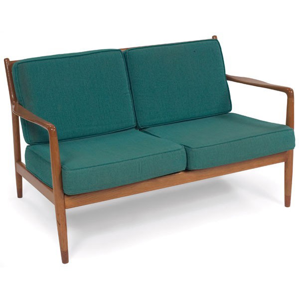 Dux settee, Denmark: Dux settee, Denmark, oak frame with slatted back and sculpted armrests, loose cushions teak detail to feet, signed with Dux metal tag, original finish, 48.5"w x 28"d x 28"h, very good original conditi