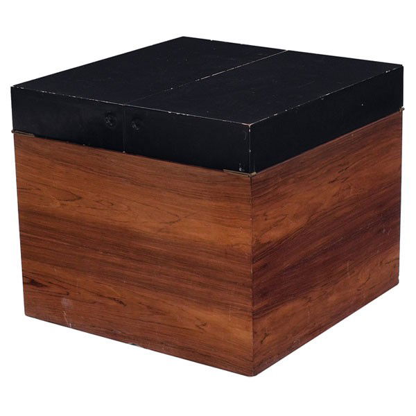Gunnar Myrstrand storage/sewing box, By Kallemo,: Gunnar Myrstrand storage/sewing box, By Kallemo, Sweden, rosewood box with rosewood interior and removable tray, two hinged tops with original black finish, on castors, stamped marks on bottom of tray