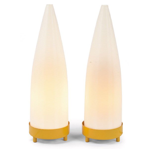 Heifetz table lamps, attribution: Heifetz table lamps, attribution, pair, dark yellow enameled metal bases support removable ribbed plastic conical shades, unsigned, original finish, 4.75"dia. x 16.25"h, excellent condition