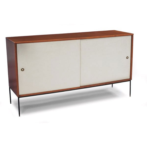 Paul McCobb Planner Group cabinet, by Winchendon: Early Paul McCobb Planner Group cabinet, by Winchendon, 1950s, maple case with two sliding doors, black rod frame with original glides, interior contains drawers over shelves, branded "Planner" mark,