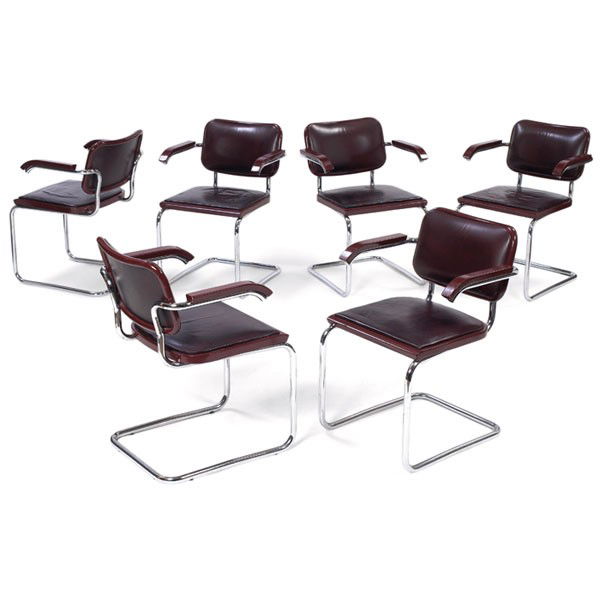 Marcel Breuer Cesca chairs, set of seven, by Knol: Marcel Breuer Cesca chairs, set of seven, by Knoll, wood frames with original burgundy leather, painted wood armrests, tubular chromed frames, all with Knoll labels, dated 1973, original leather and f