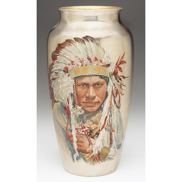 Pope-Gosser China Co. Clarus Ware: Pope-Gosser China Co. Clarus Ware vase, Coshocton, Ohio, c. 1910, tapered shape, covered in an unusual metallic glaze with a transfer portrait of a Native American, painted highlights, marked, 4.5"w x