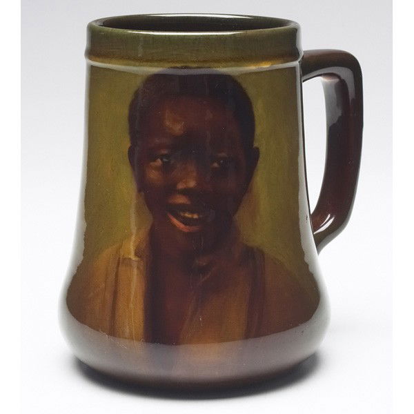 Unusual Rookwood handled vessel, Standard glaze wit: Unusual Rookwood handled vessel, Standard glaze with a portrait of an African American boy, titled Ben Johnson, painted by Olga Reed in 1899, #656, 5.5"w x 5"h