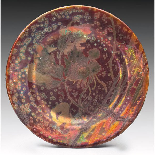 Rare Jacques Sicard plate, handmade in France, colo: Rare Jacques Sicard plate, handmade in France, colorful metallic glaze with an unusual etched floral design, marked, signed, inscription reads: December 24, 1901, a 10 o'clock in the evening, The unex