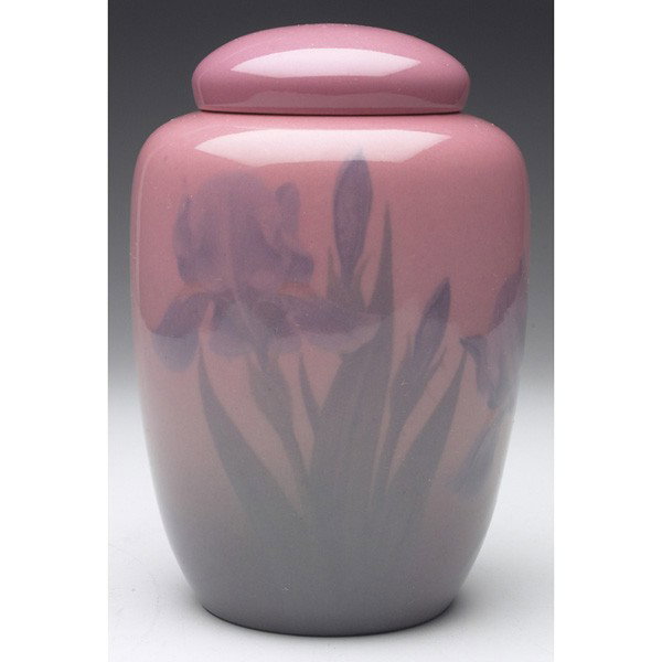 Beautiful Rookwood covered vessel, gently tapered : Beautiful Rookwood covered vessel, gently tapered shape covered in a beautiful Porcelain glaze with numerous nicely detailed irises, executed by Carl Schmidt in 1923, #47C, 4.5"w x 6.5"h, uncrazed and