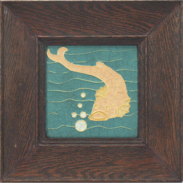 Wheatley tile, colorful fish and bubble design, nu: Wheatley tile, colorful fish and bubble design, numbered, held in an Arts & Crafts oak frame, tile: 6.25"sq, overall: 11.5"sq