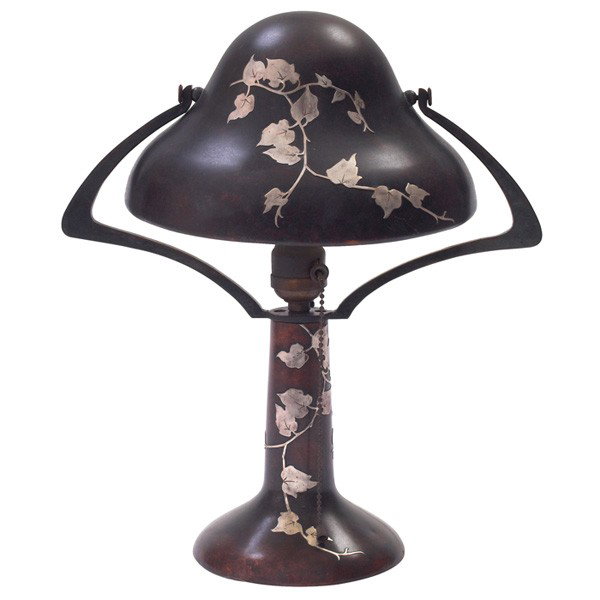 Heintz lamp, sterling on bronze, applied organic d: Heintz lamp, sterling on bronze, applied organic design, original patina, 13"w x 15"h, repair to one arm