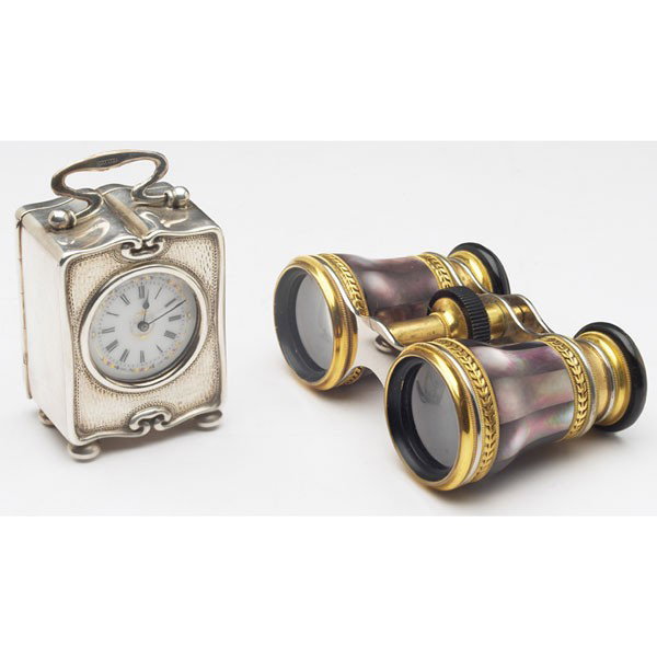 Art Nouveau clock, sterling silver, painted face w: Art Nouveau clock, sterling silver, painted face with gold accents, impressed hallmarks, 2"w x 3.5"h; with Lemaire opera glasses, French, mother of pearl and gold, marked, 2.5"w x 4"l
