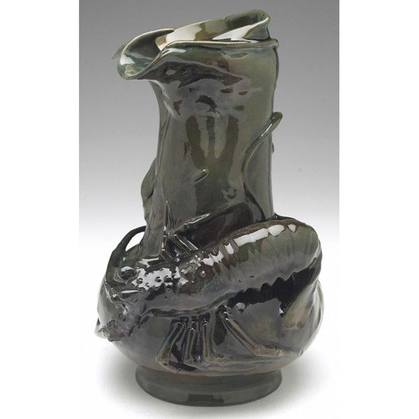 Unusual Amphora vase, designed by Eduard Stellmach: Unusual Amphora vase, designed by Eduard Stellmacher, c. 1900, tortured shape with a sculpted and applied crayfish, covered in an olive green high glaze with blue and brown highlights, marked, #4108,