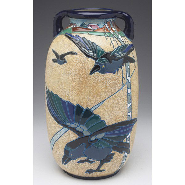 Amphora vase, c. 1910, Campina series, probably de: Amphora vase, c. 1910, Campina series, probably designed by Max von Jungwirth, large form with two handles, incised and painted design of crows flying over a field, marked, #12188, 8"w x 13"h