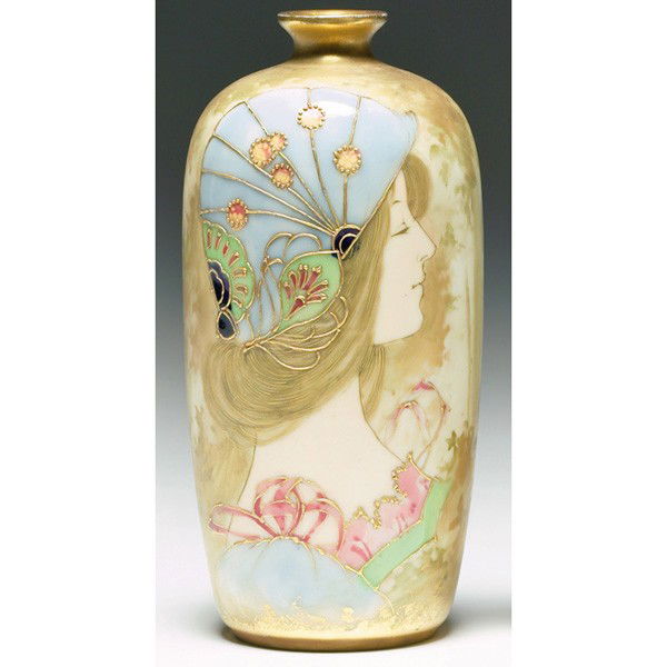 Exceptional Amphora vase, slightly tapered shape w: Exceptional Amphora vase, slightly tapered shape with an elaborately painted female portrait, signed, 3.5"w x 6.75"h, beautifully detailed, excellent color