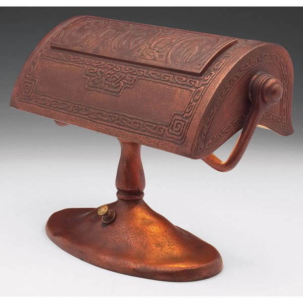 Tiffany Studios piano lamp, bronze with the Zodiac: Tiffany Studios piano lamp, bronze with the Zodiac pattern, original copper-colored patina, signed Tiffany Studios, New York, #414, 11.5"w x 7.5"h