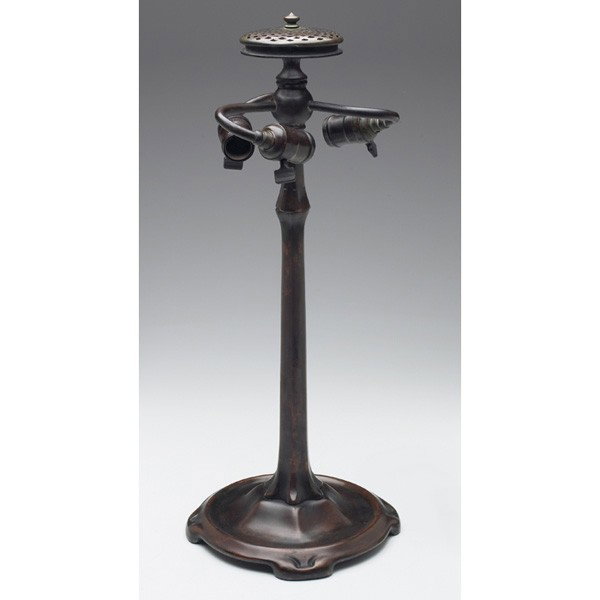 Tiffany Studios lamp base, bronze three socket for: Tiffany Studios lamp base, bronze three socket form, with a sculpted foot, re-patinated, signed Tiffany Studios, New York, #588, 9"w x 21.5"h