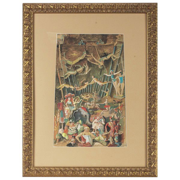 Reginald Marsh (American, 1898-1954), "Circus Scen: Reginald Marsh (American, 1898-1954), "Circus Scene," watercolor, 21" x 13.5", signed lower right, framed