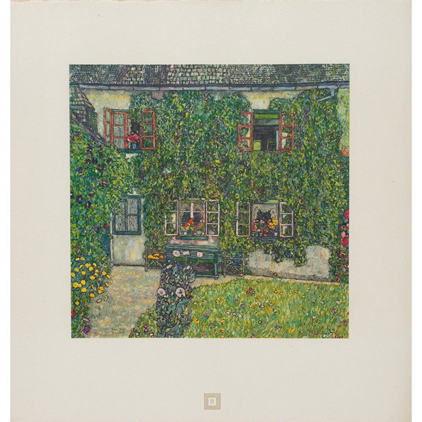 Gustav Klimt (Austrian, 1862-1918), "Forester's Ho: Gustav Klimt (Austrian, 1862-1918), "Forester's House in Waeissenbach at Attersee," collotype, No. 9, signed, image: 12"sq; with Gustav Klimt "Farm Garden with Sunflowers," (not shown), collotype, No.